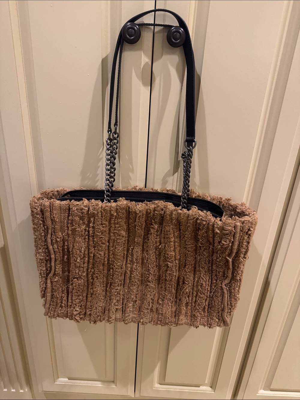 Zara Ribbed Plush Tote in Tan with Chain-Strap Detail